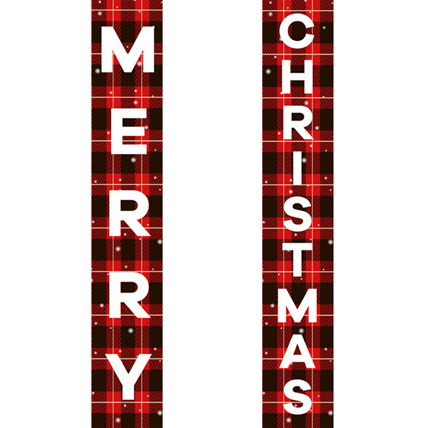 Two vertical banners with 'Merry Christmas' text on a red and black plaid pattern.
