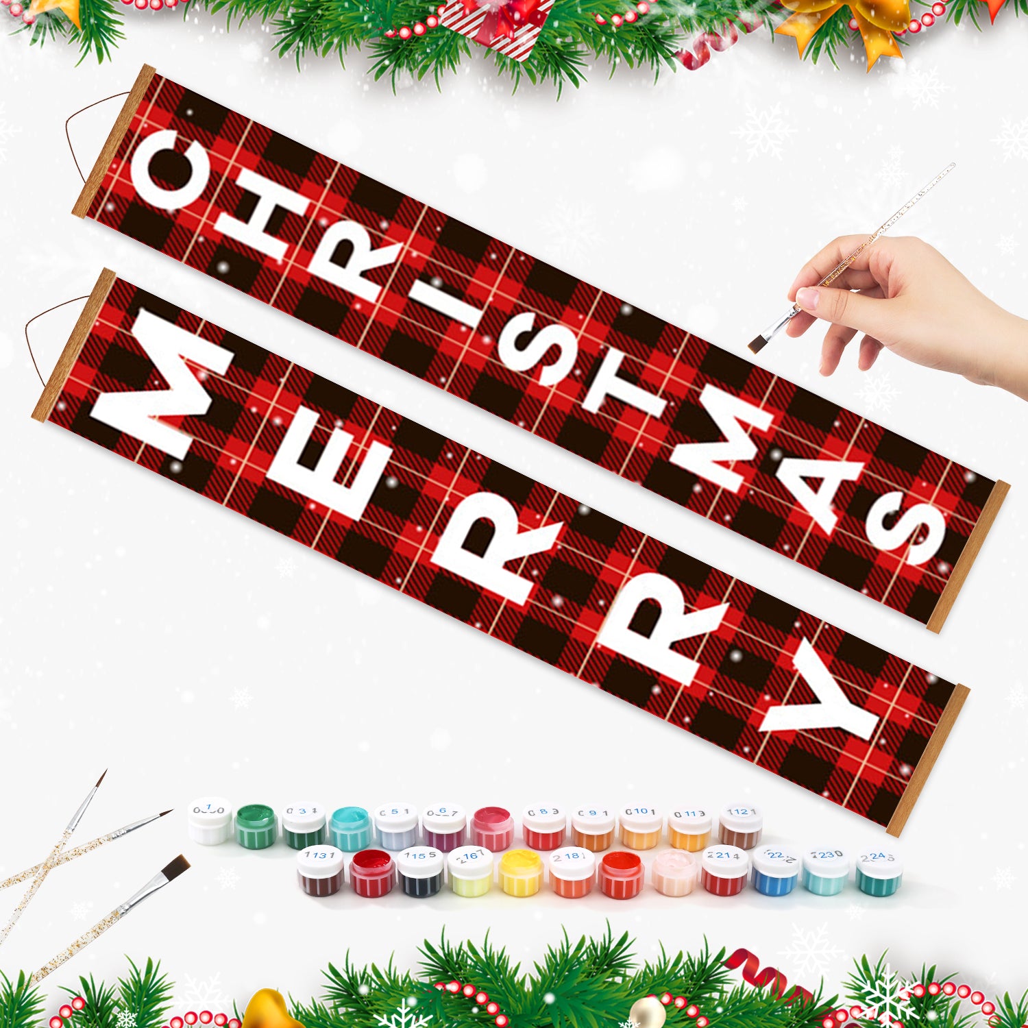 Red and black plaid Christmas banner with white text, surrounded by festive decorations on a white background.