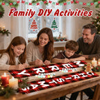 Family engaged in a Christmas-themed activity with letters on a table, surrounded by festive decorations.