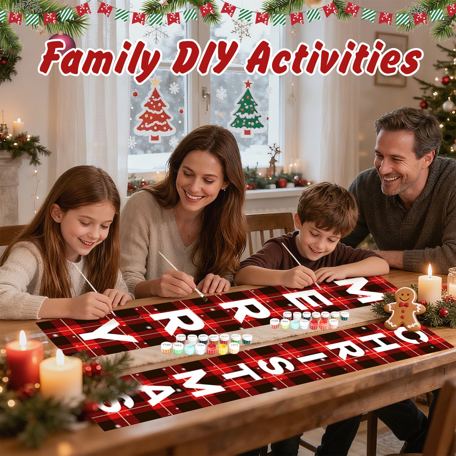 Family engaged in a Christmas-themed activity with letters on a table, surrounded by festive decorations.
