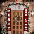 Decorative Christmas door with plaid 'Merry Christmas' signs, wreath, and garland.