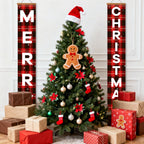 Decorated Christmas tree with ornaments and presents, flanked by 'Merry Christmas' banners.