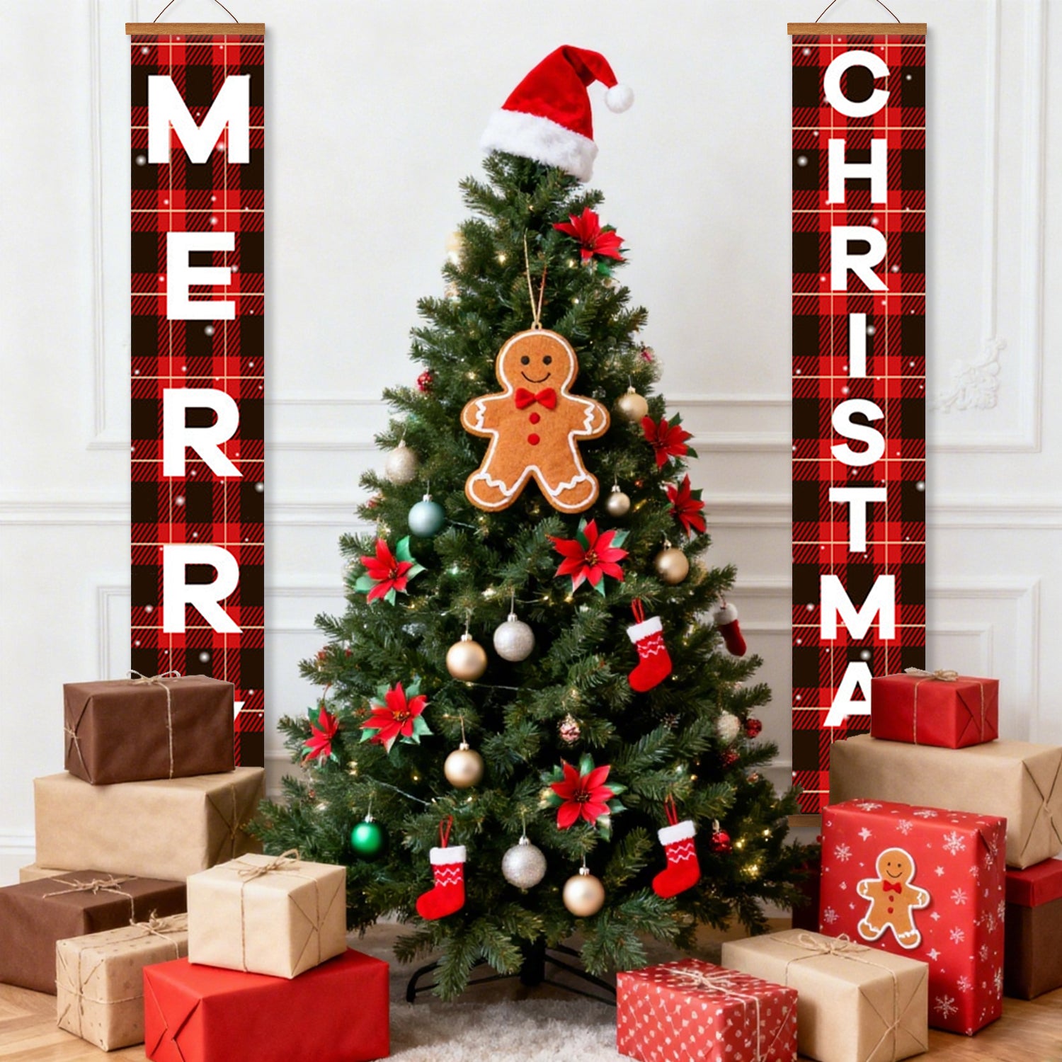 Árbol de Navidad decorado con adornos y regalos, flanqueado por pancartas de "Feliz Navidad".