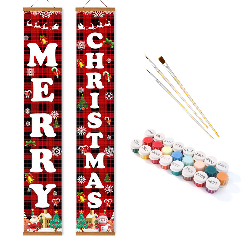Christmas-themed decorative banner with paint supplies on a white background