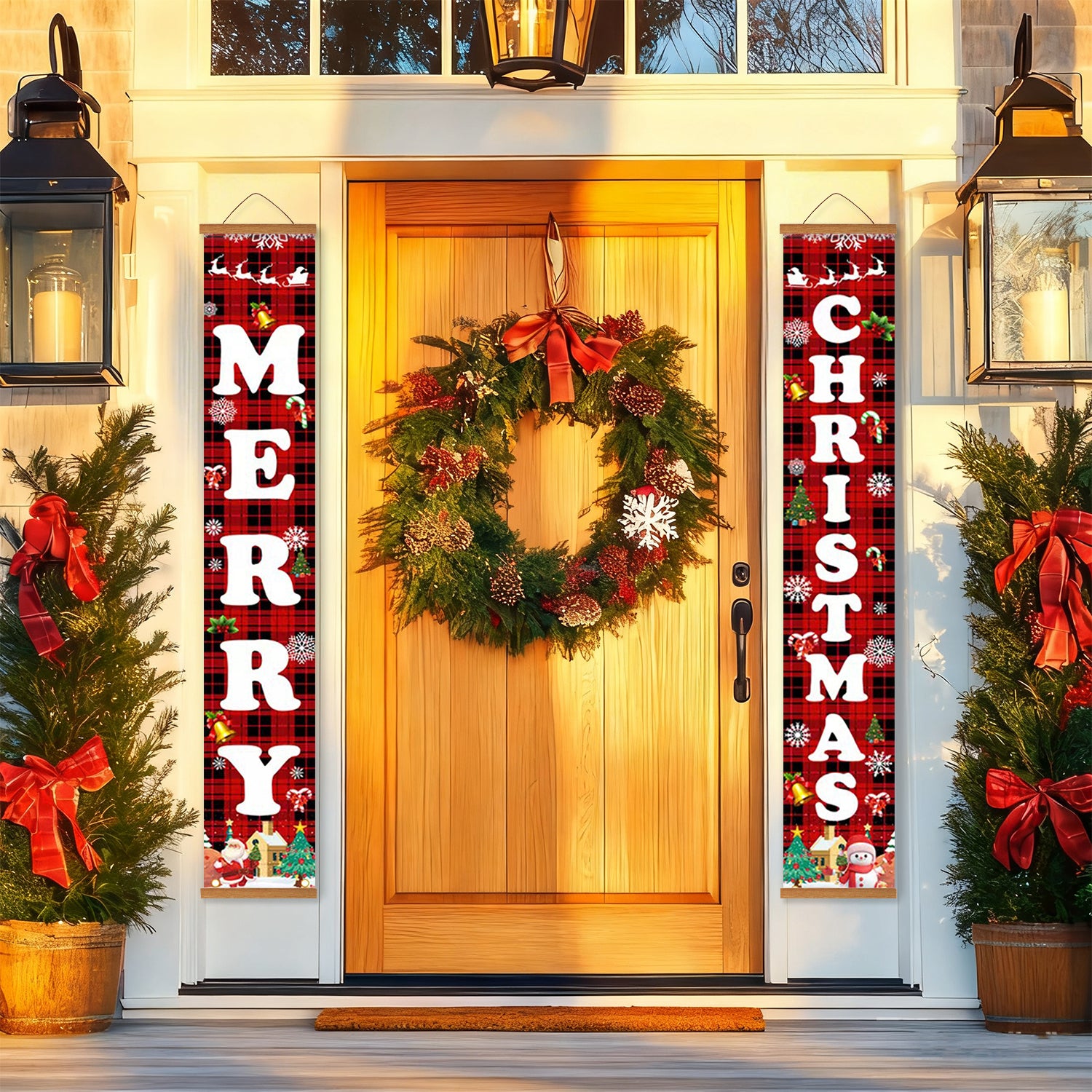 Decorative Christmas wreath on a door with 'Merry Christmas' banners flanking it.