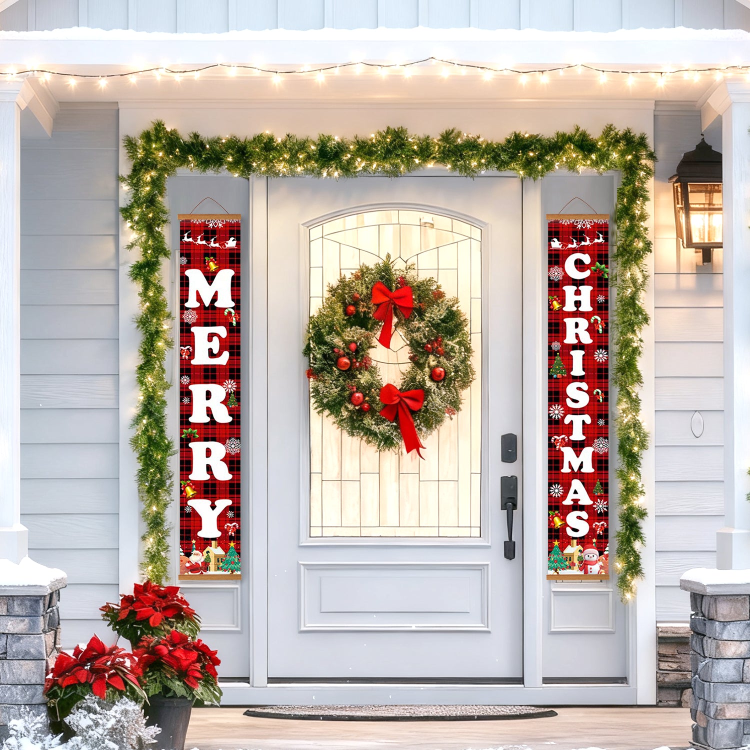 Decorative Christmas door with wreath, garland, and festive banners on a house exterior.