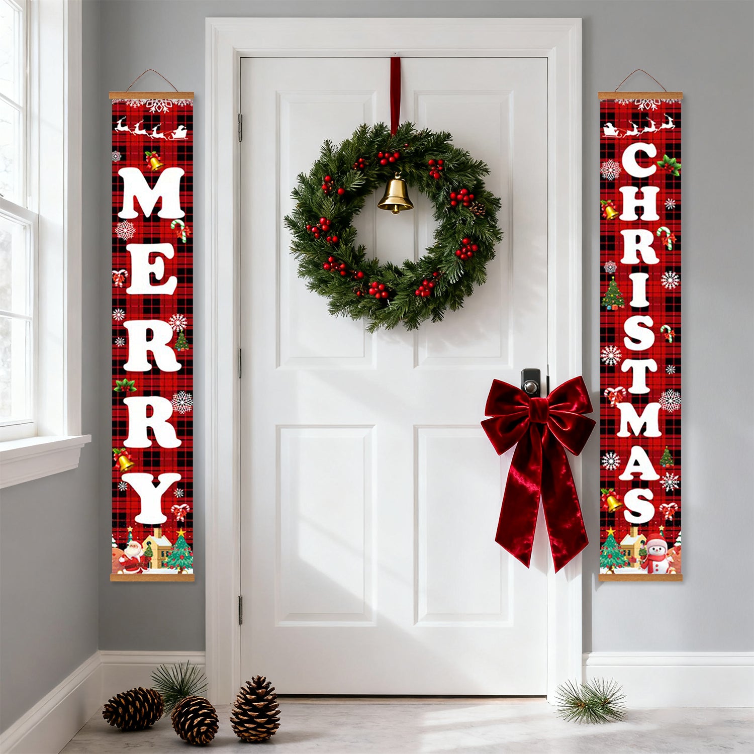 Decorative Christmas door with wreath, bow, and 'Merry Christmas' banners.
