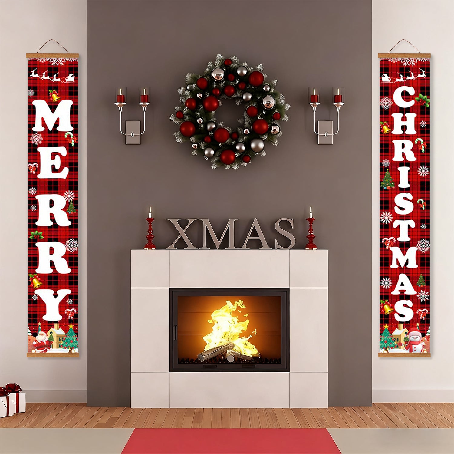 Decorative Christmas banners and wreath above a fireplace.