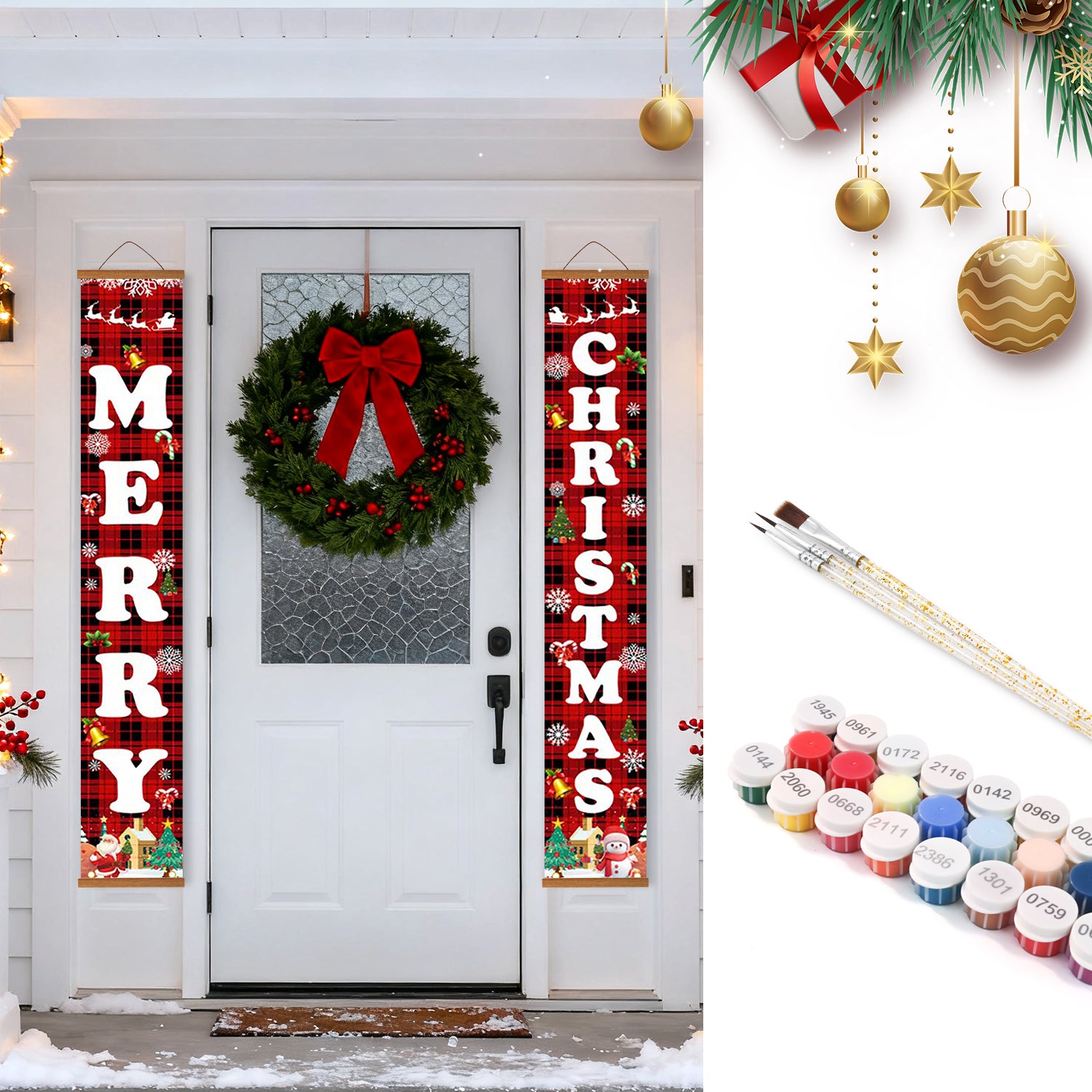 Christmas-themed door decorations with wreath and banners on a door, surrounded by Christmas ornaments.
