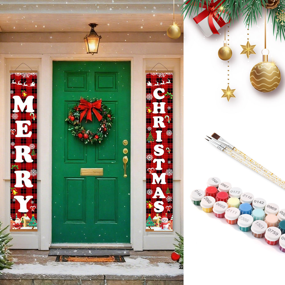 Christmas-themed door decorations with 'Merry Christmas' banners and a wreath on a green door, with paint supplies on the side.
