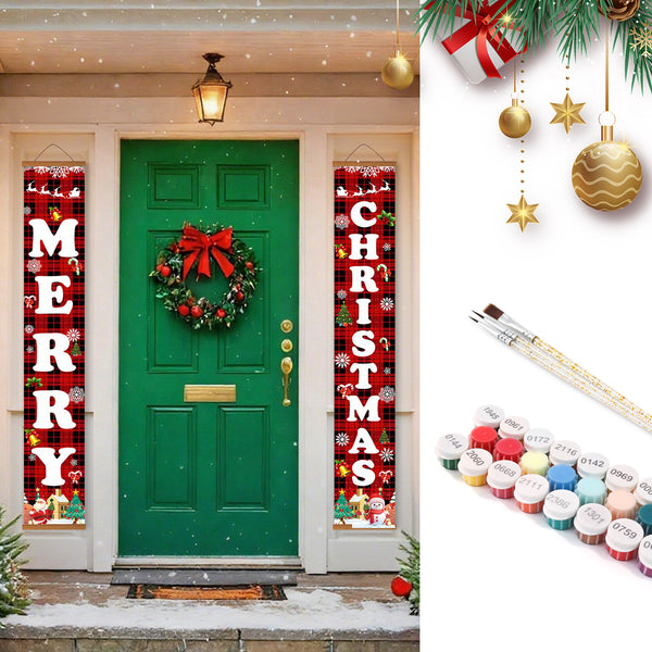 Christmas-themed door decorations with 'Merry Christmas' banners and a wreath on a green door, with paint supplies on the side.