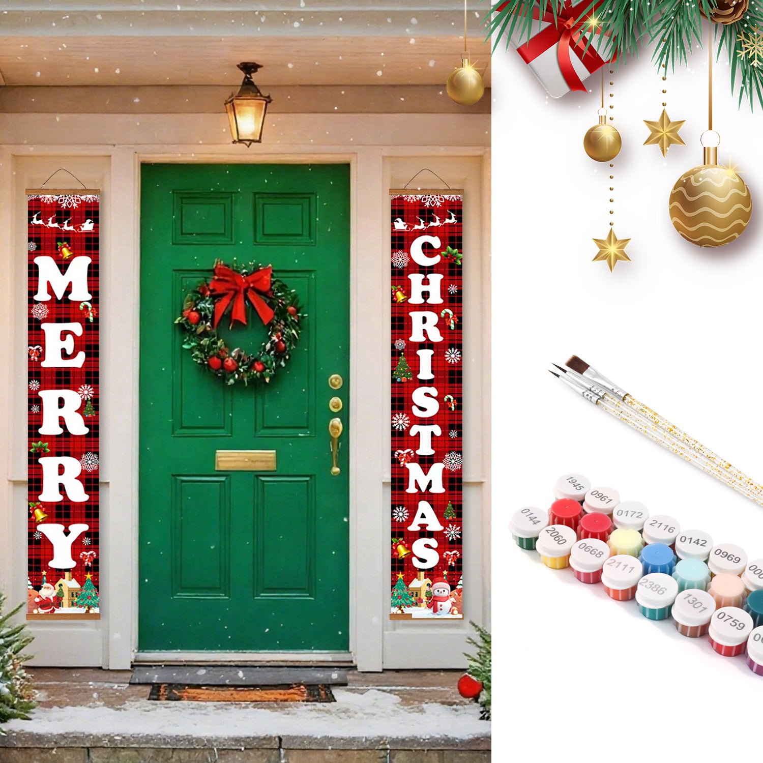 Christmas-themed door decorations with 'Merry Christmas' banners and a wreath on a green door, with paint supplies on the side.
