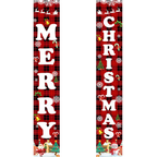 Decorative banner with 'Merry Christmas' text on a red plaid background with festive illustrations.