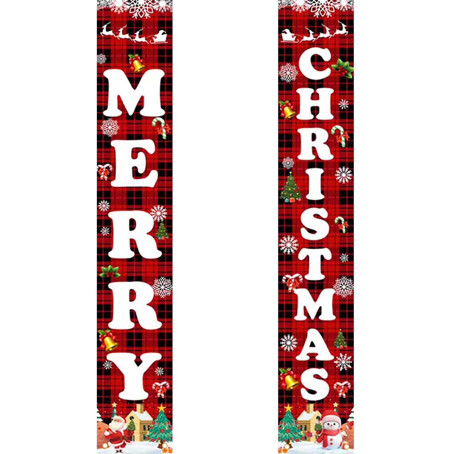 Decorative banner with 'Merry Christmas' text on a red plaid background with festive illustrations.