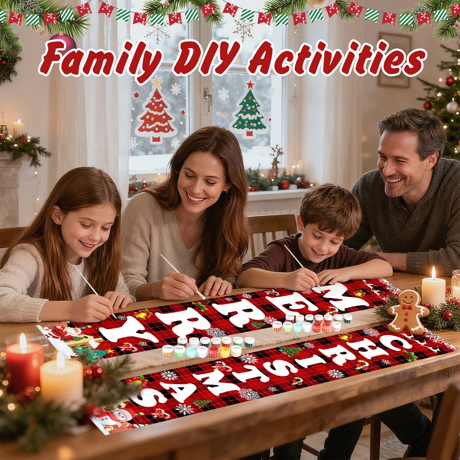 Family engaged in a Christmas-themed craft activity with decorative elements.