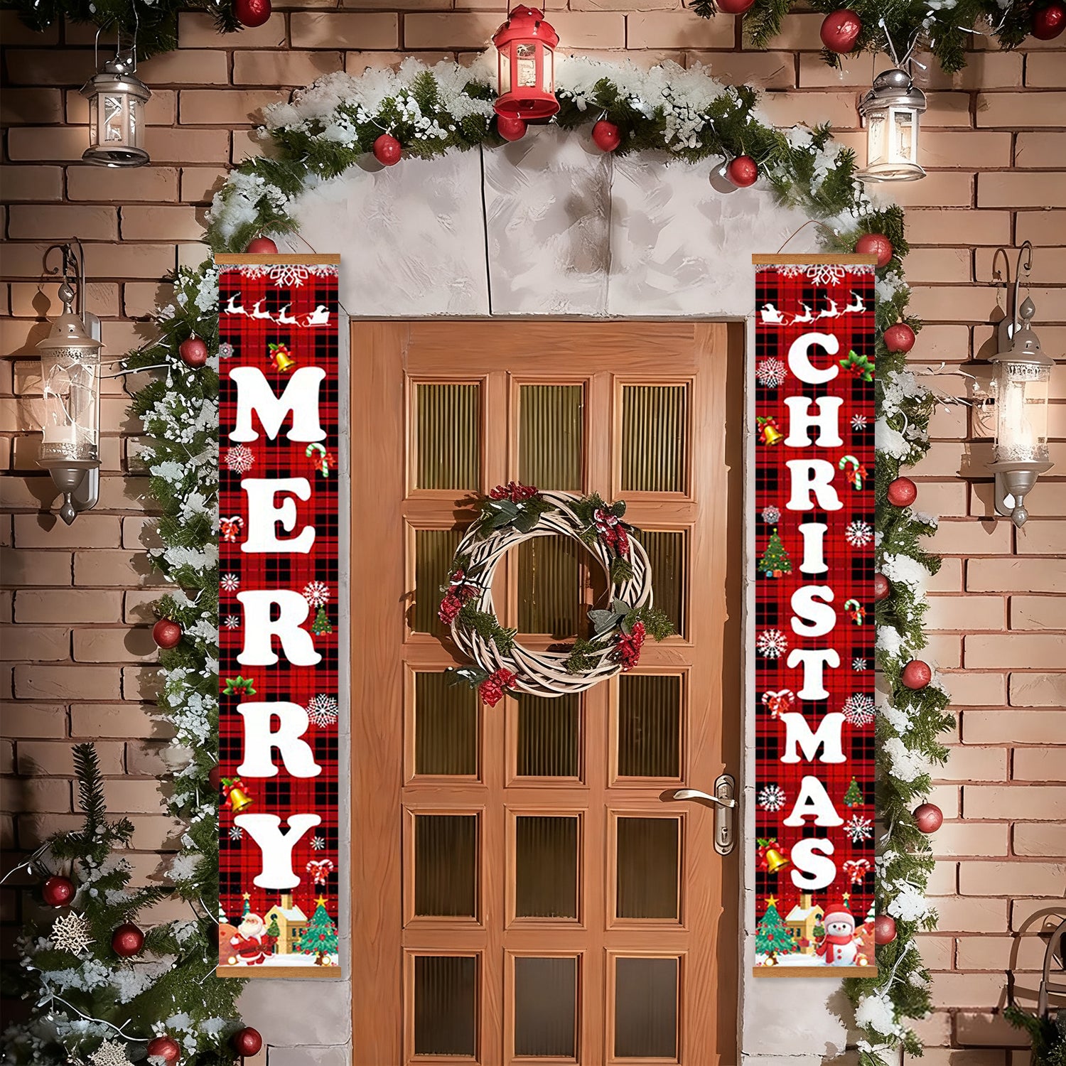 Decorative Christmas door with 'Merry Christmas' signs and wreath on a brick wall background.