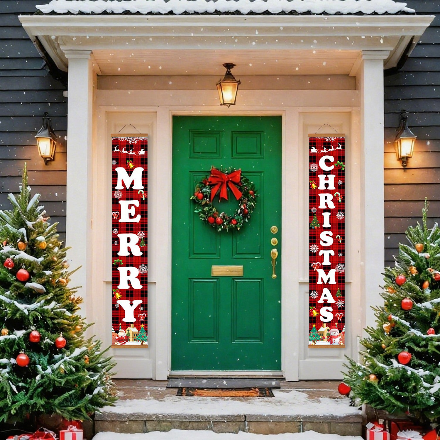 Green door with Christmas wreath flanked by 'Merry Christmas' banners, decorated trees on either side.
