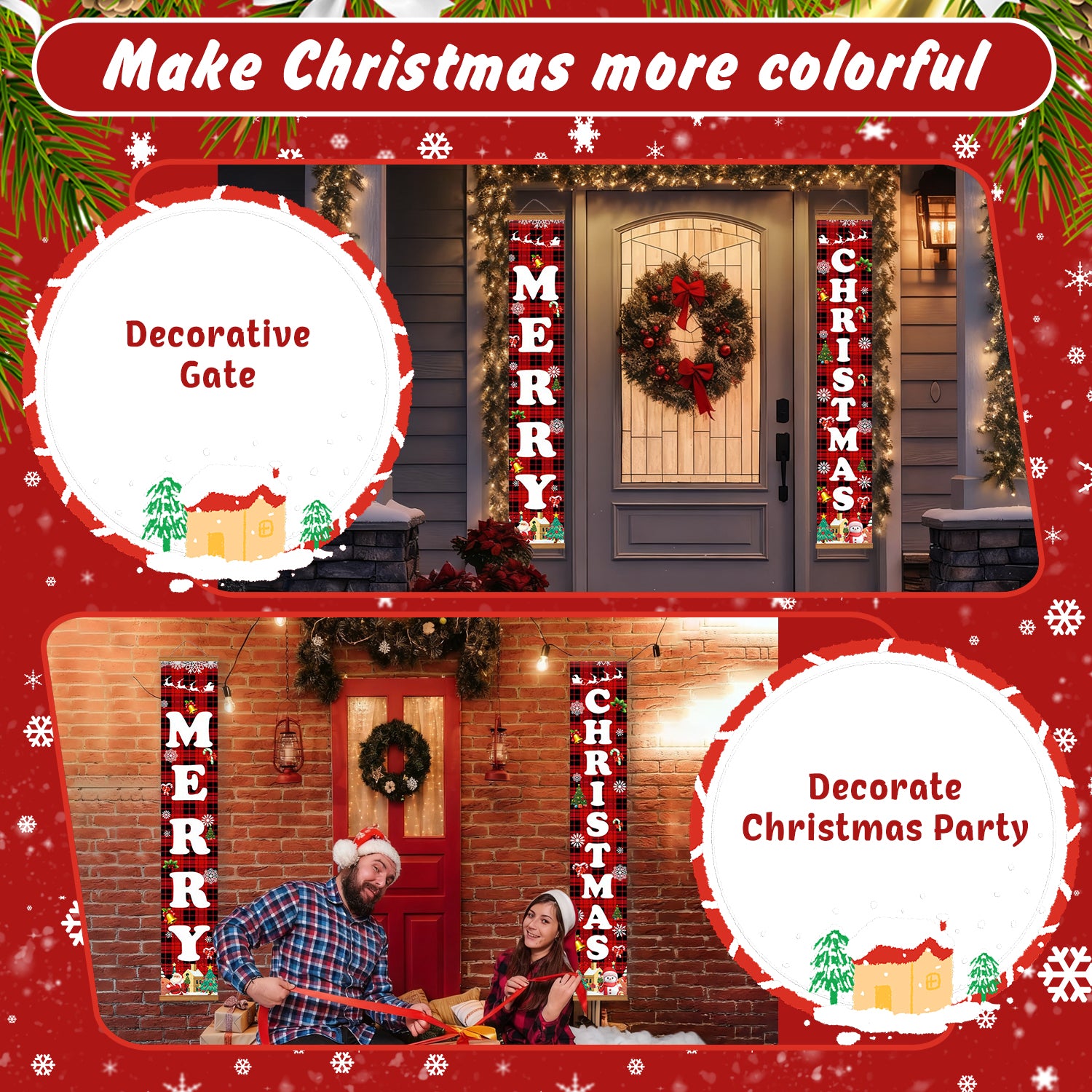 Decorative Christmas gate and party setup with festive text and people, on a red background.