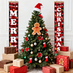 Decorated Christmas tree with ornaments and presents, flanked by 'Merry Christmas' banners.