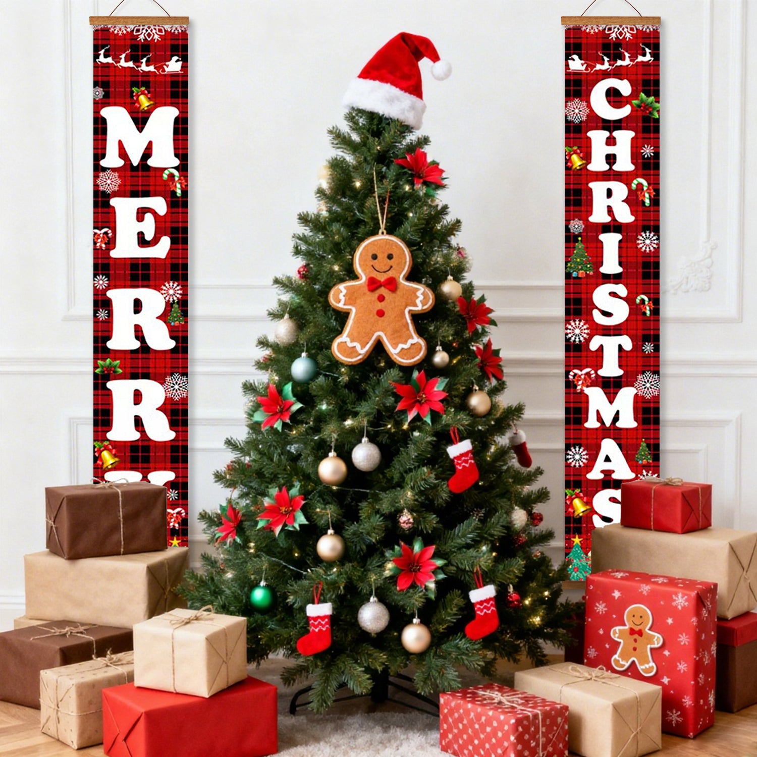Decorated Christmas tree with ornaments and presents, flanked by 'Merry Christmas' banners.