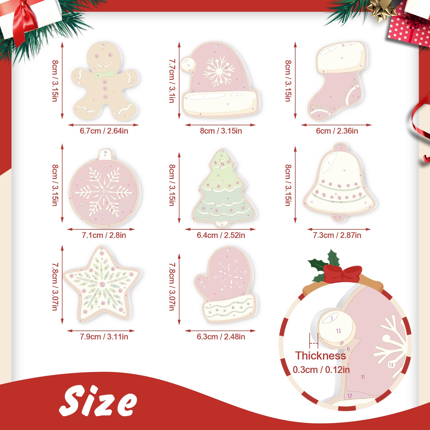 Tableau de mesure des biscuits sur le thème de Noël avec dimensions affichées.