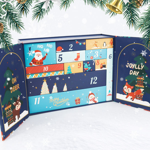 Advent calendar with colorful panels and festive designs on a snowy background