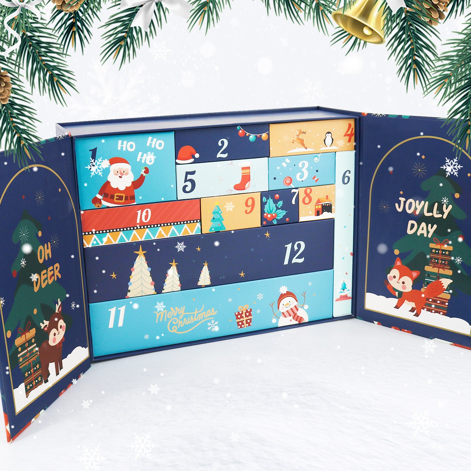 Advent calendar with colorful panels and festive designs on a snowy background