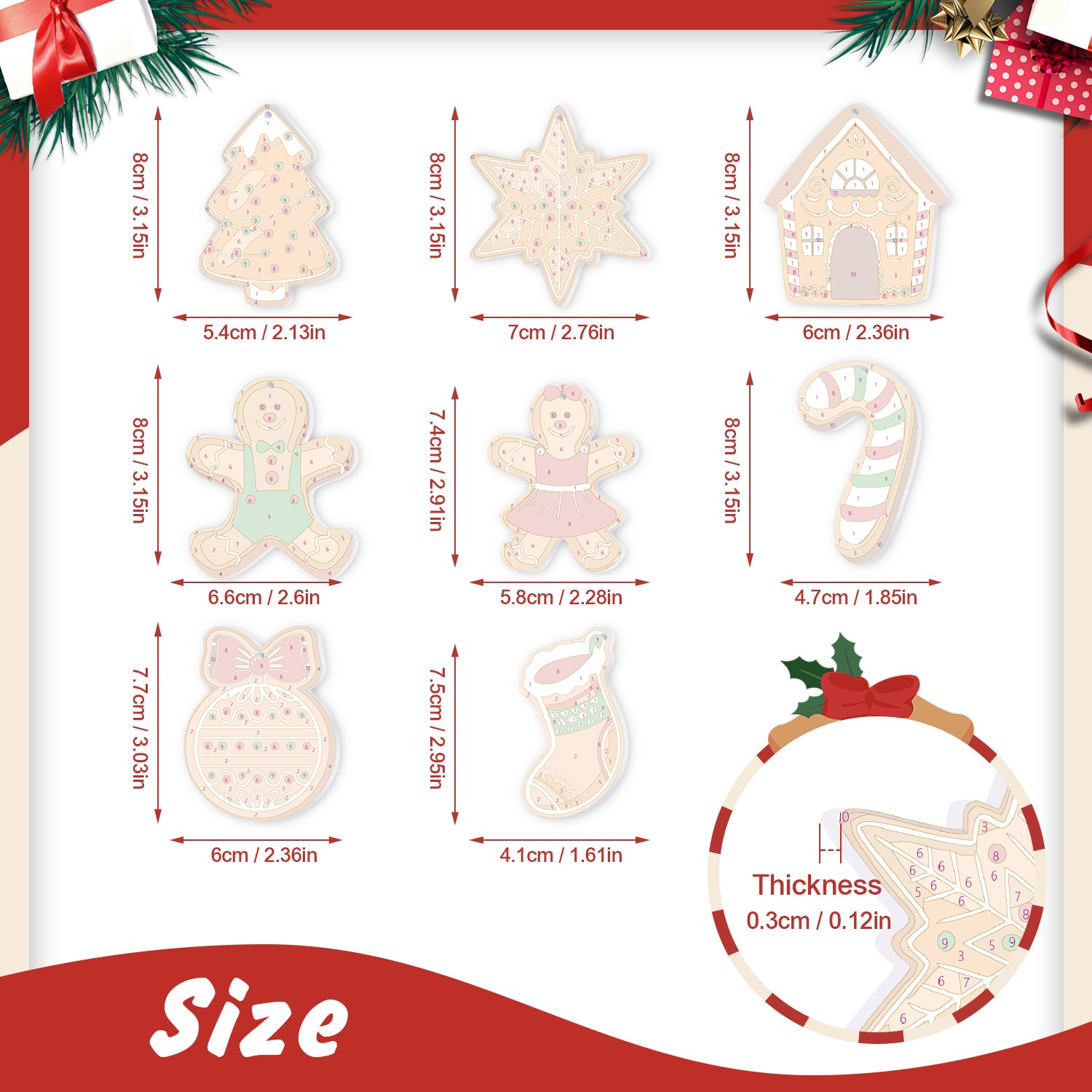 Measurement chart of Christmas-themed cookies with dimensions on a white background.