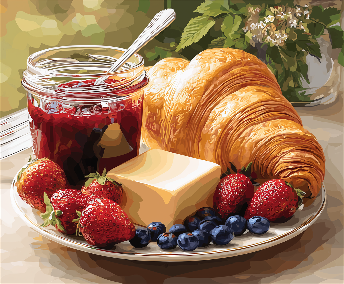Un kit de peinture comprenant un croissant au beurre, des baies vibrantes, de la confiture sucrée et un bloc de beurre sur une assiette, entourés de soleil doré et d'un fond floral.