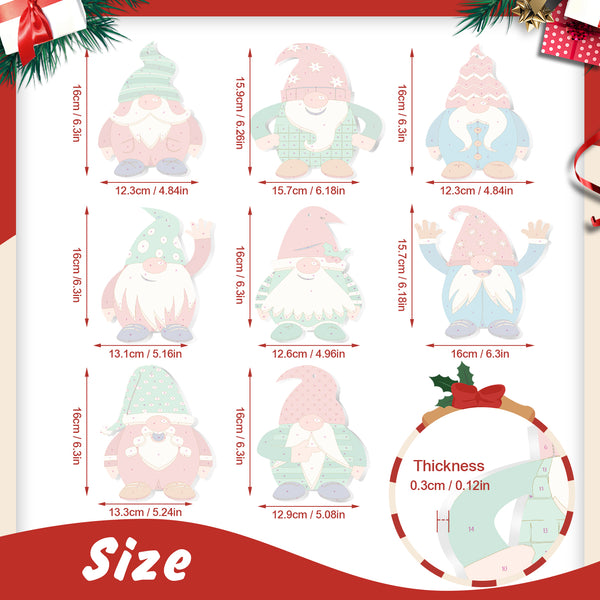 Measurement chart of Christmas-themed gnome decorations with dimensions and thickness.
