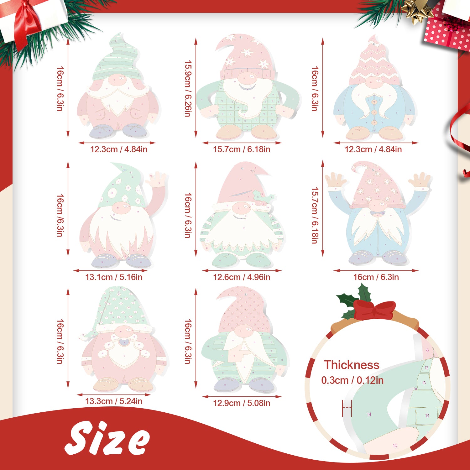 Measurement chart of Christmas-themed gnome decorations with dimensions and thickness.