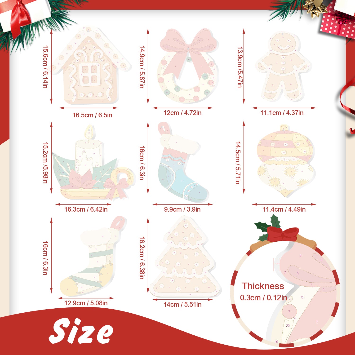 Maßtabelle für weihnachtliche Ausstechformen mit Abmessungen und Dicke.