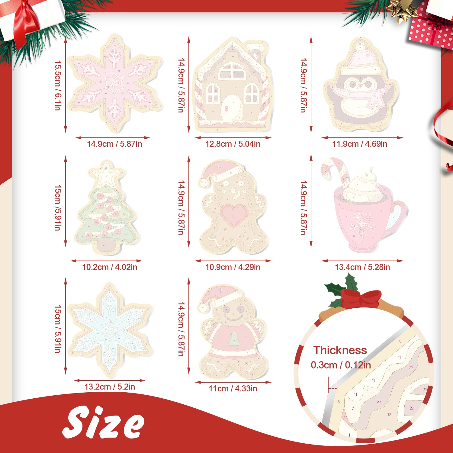 Measurement chart of Christmas-themed cutouts with dimensions and thickness details.