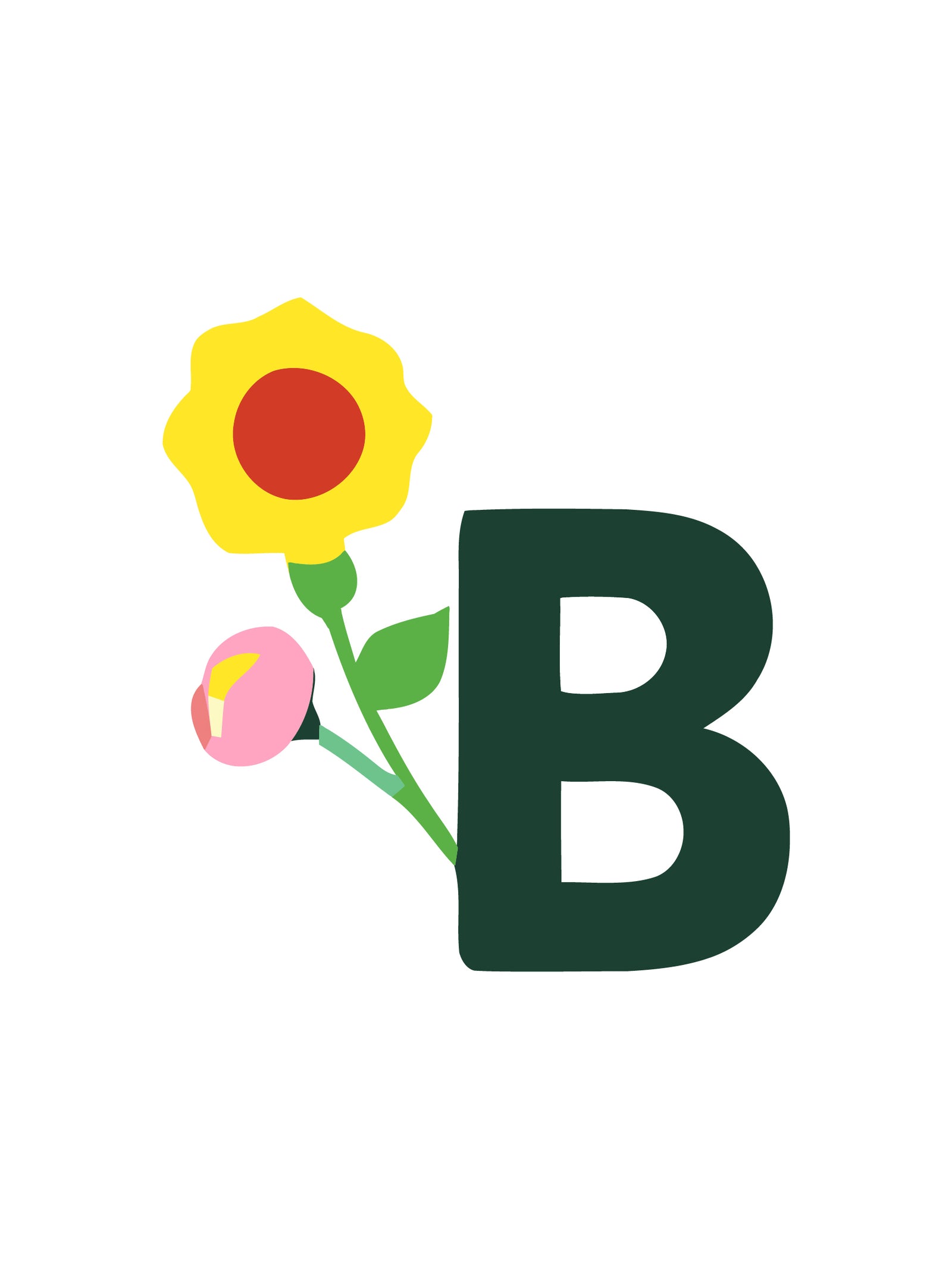 Buchstabe „B“ mit einer Blume auf weißem Hintergrund