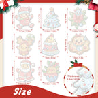 Set of Christmas-themed stickers with dimensions and thickness details on a white background.