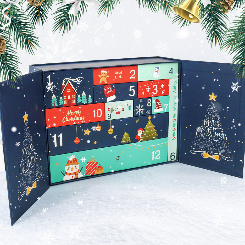 Open advent calendar with Christmas-themed design on a snowy background