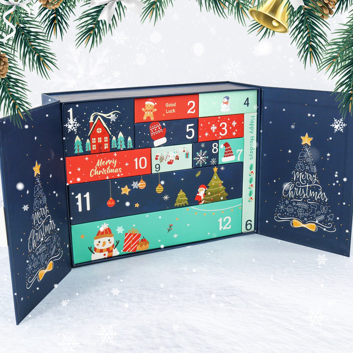 Open advent calendar with Christmas-themed design on a snowy background