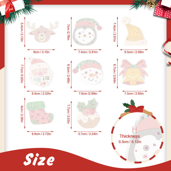 Measurement chart of Christmas-themed stickers with dimensions and thickness details.