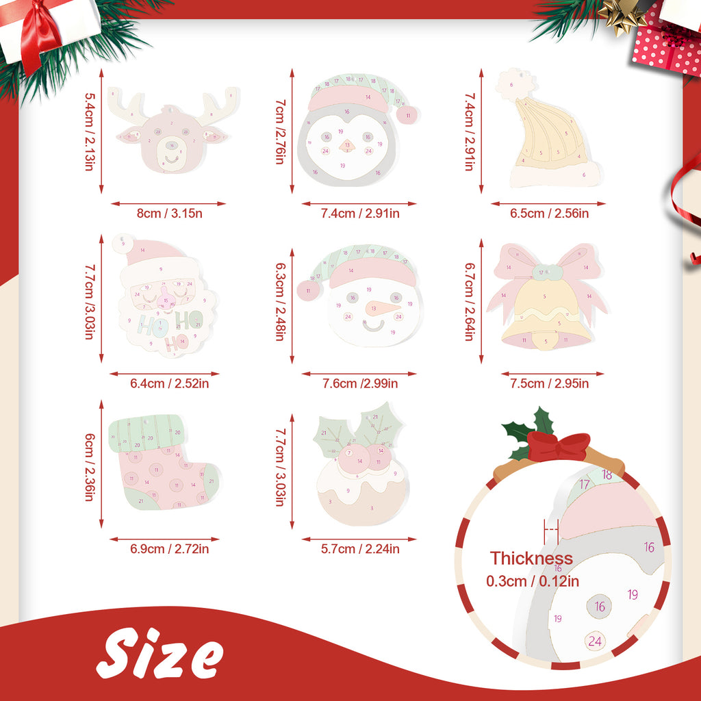 Measurement chart of Christmas-themed stickers with dimensions and thickness details.