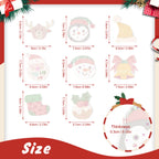 Measurement chart of Christmas-themed stickers with dimensions and thickness details.