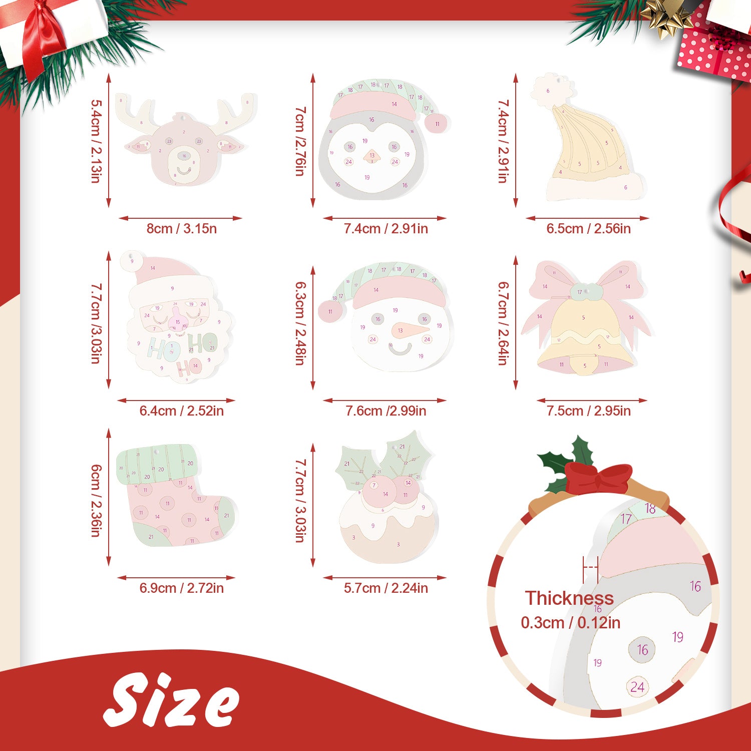 Tableau de mesure des autocollants sur le thème de Noël avec détails de dimensions et d'épaisseur.