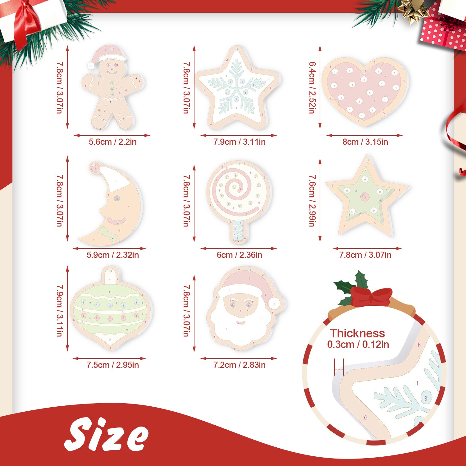 Illustration of Christmas-themed cookies with measurements on a white background