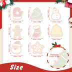 Measurement chart of Christmas-themed cookies with dimensions and thickness details.