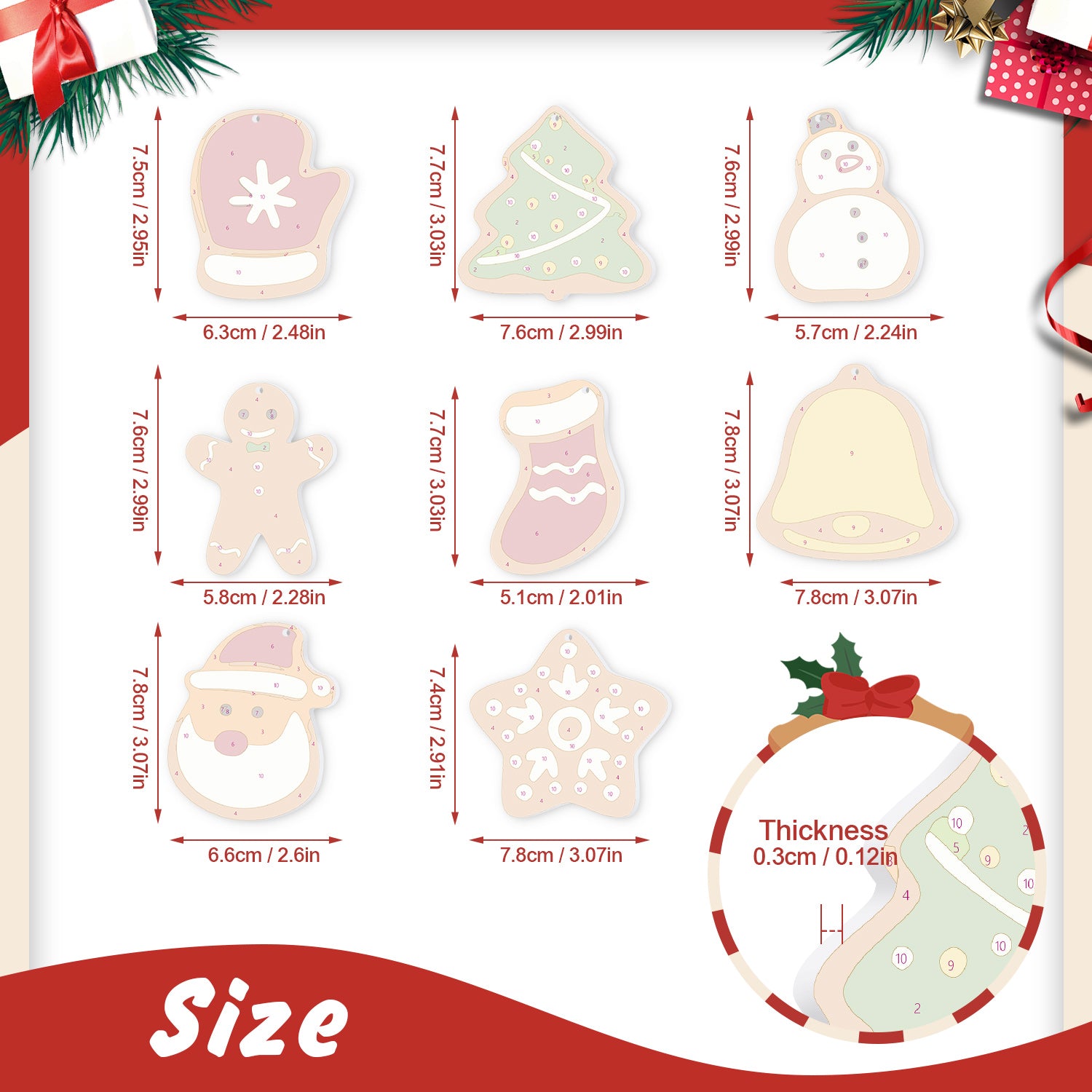 Tableau de mesure des biscuits sur le thème de Noël avec détails sur les dimensions et l'épaisseur.