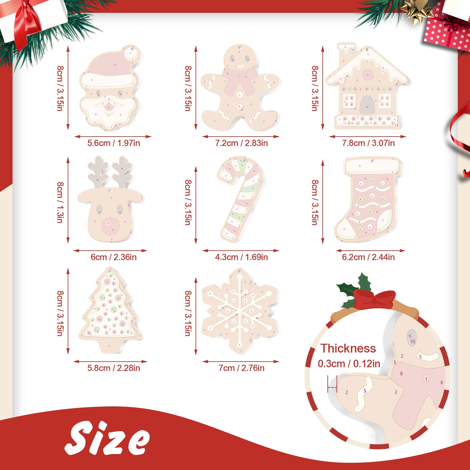 Measurement chart of Christmas-themed decorations with sizes and thicknesses.