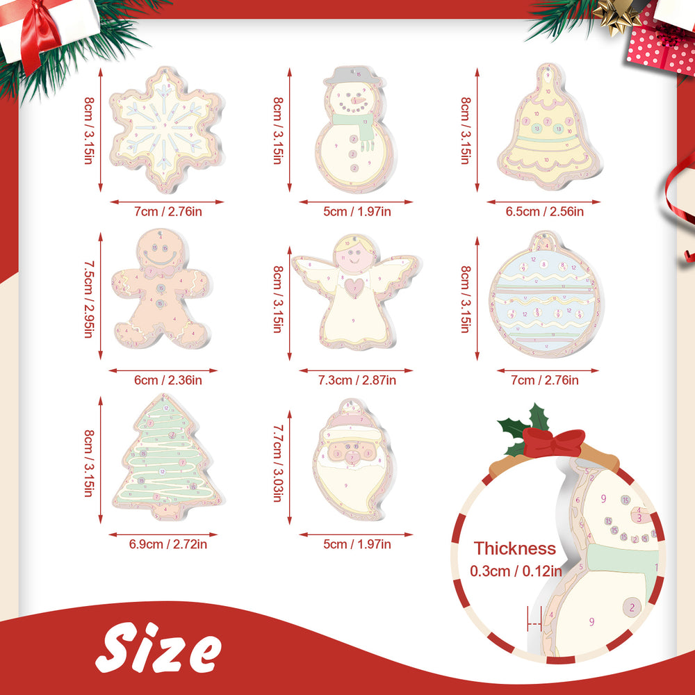 Illustrations of various Christmas-themed cookies with dimensions on a white background.