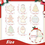 Illustrations of various Christmas-themed cookies with dimensions on a white background.