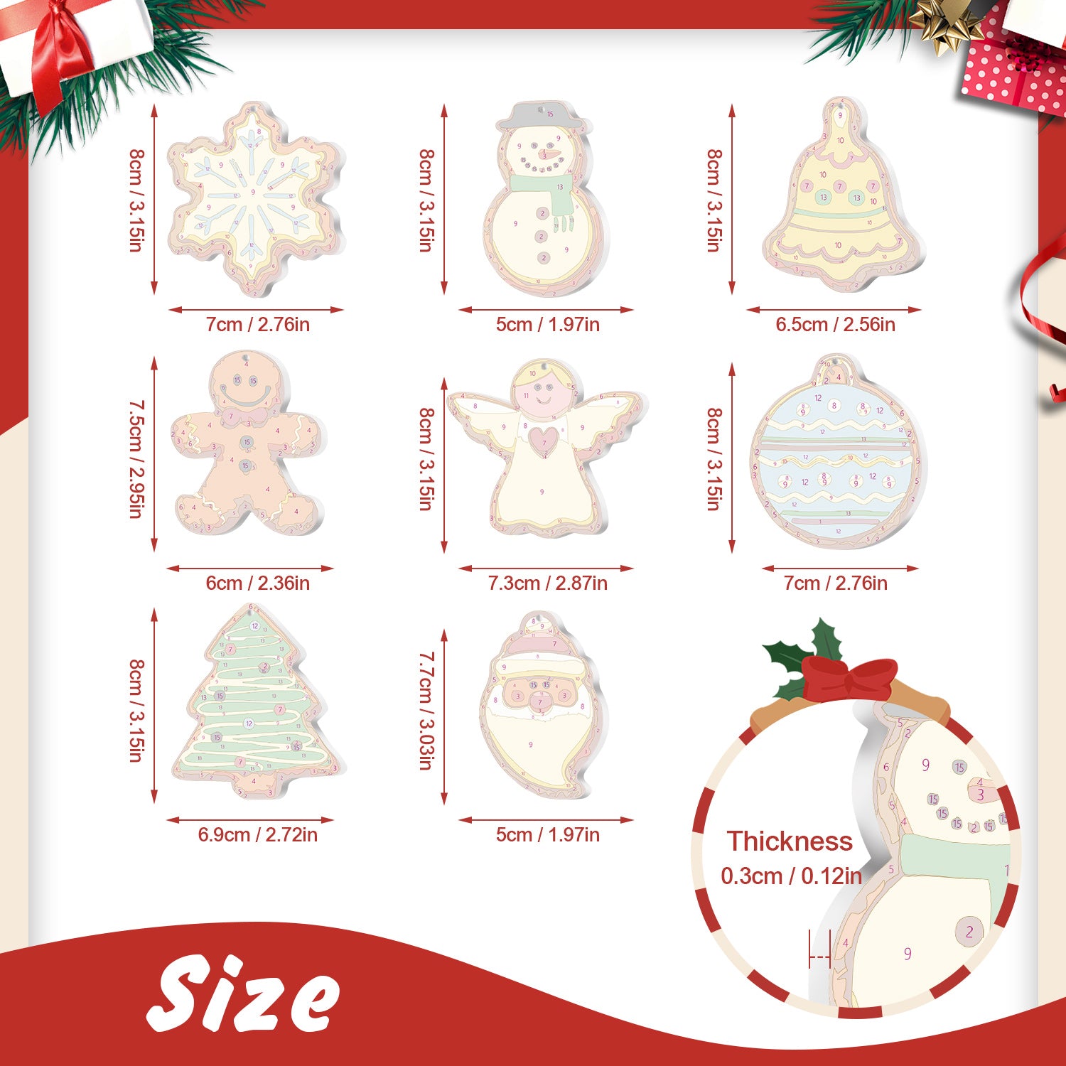 Illustrations of various Christmas-themed cookies with dimensions on a white background.