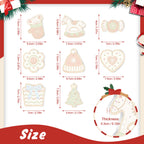 Measurement chart of Christmas-themed cutout shapes with dimensions and thickness.