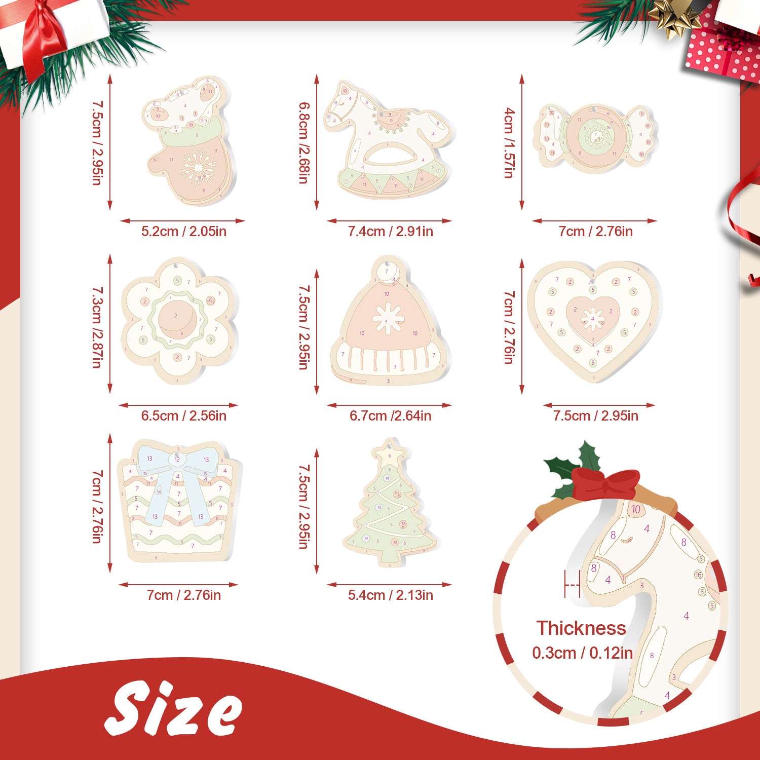 Measurement chart of Christmas-themed cutout shapes with dimensions and thickness.